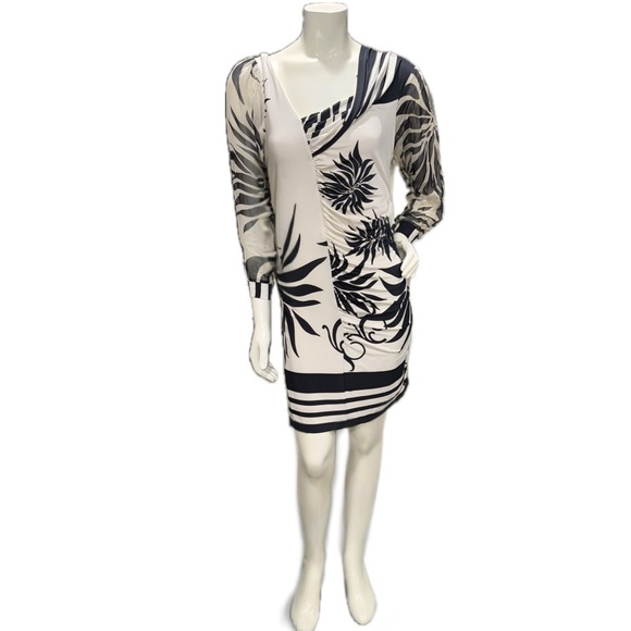ANALILI Black White Silk Floral Dress Sheer Long Sleeve Slip Lined l Sz L *READ* - Picture 4 of 10